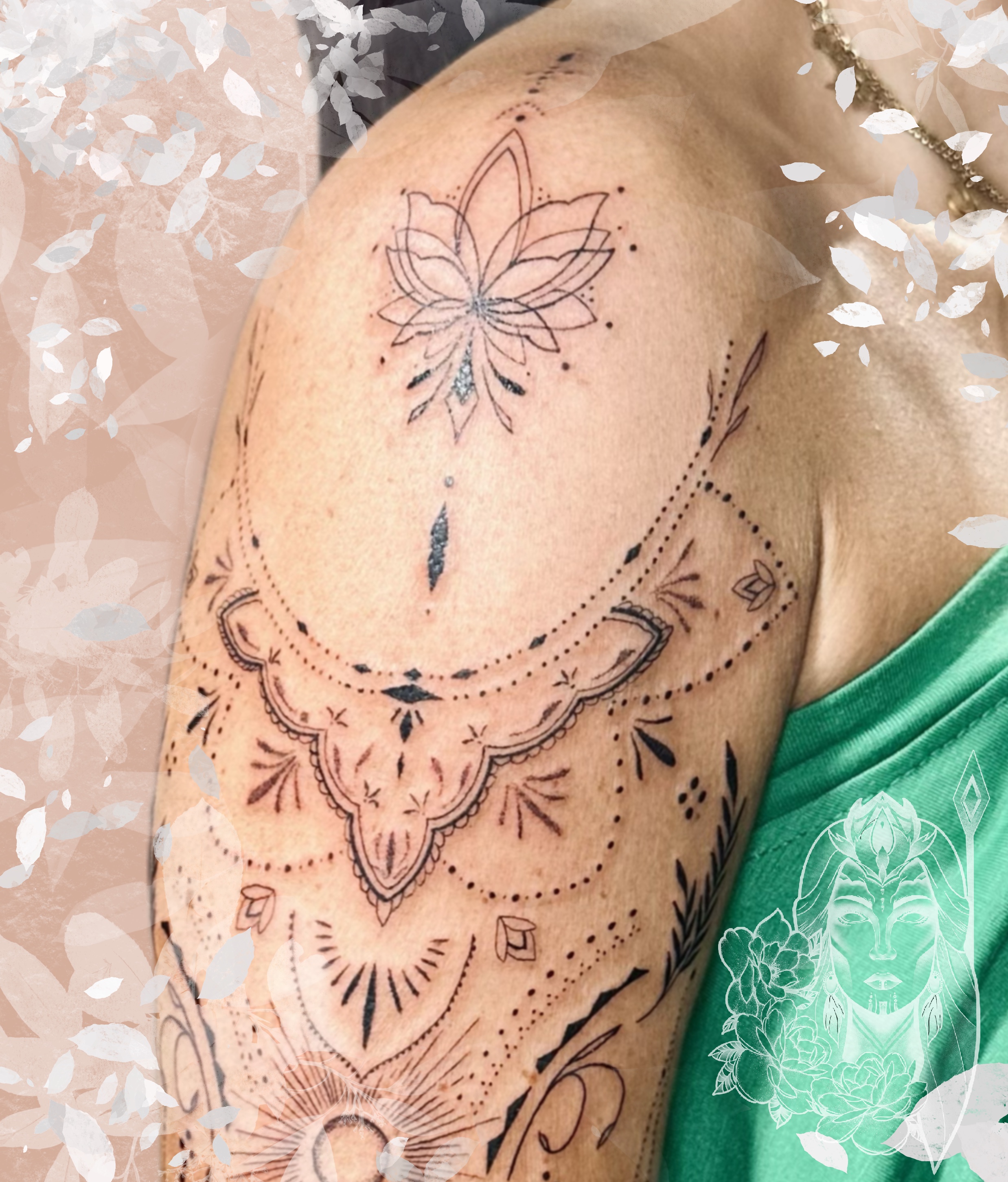 tatouage mandala et pampilles point par point sur le bras– Inkaat