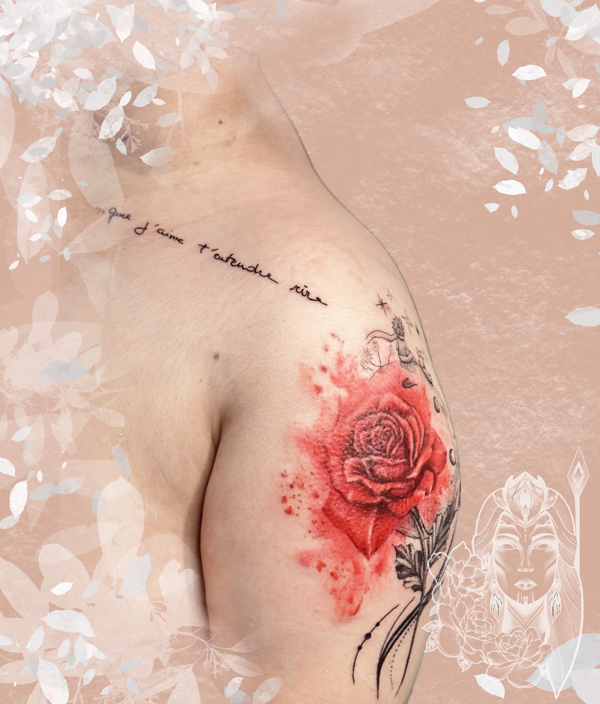 tatouage petit prince assis sur la lune et rose – Inkaat