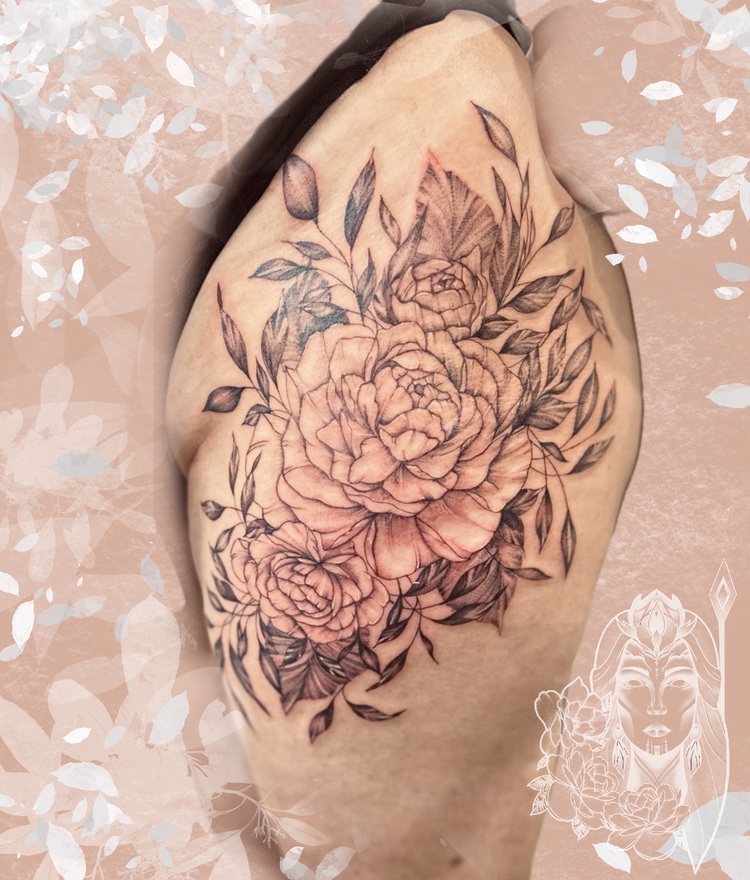 tatouage pivoines haut de cuisse– Inkaat